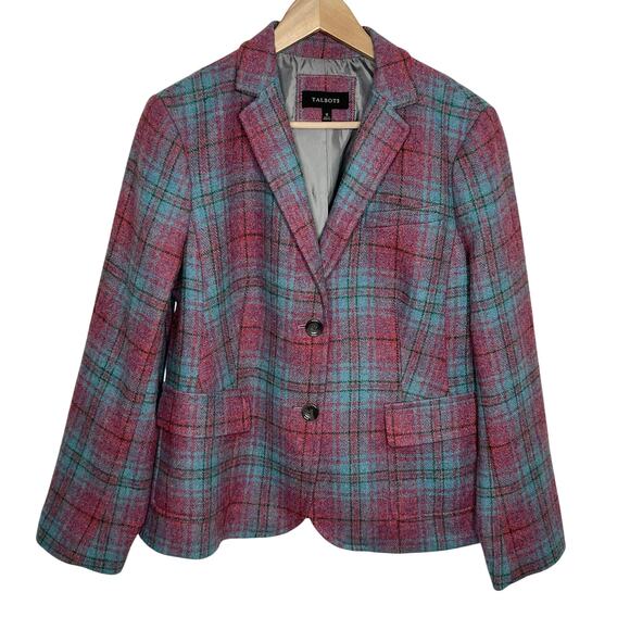 Talbots Womens Wool Blazer Jacket 12 Pink Blue Plaid Button Front Pockets Office - Picture 1 of 11